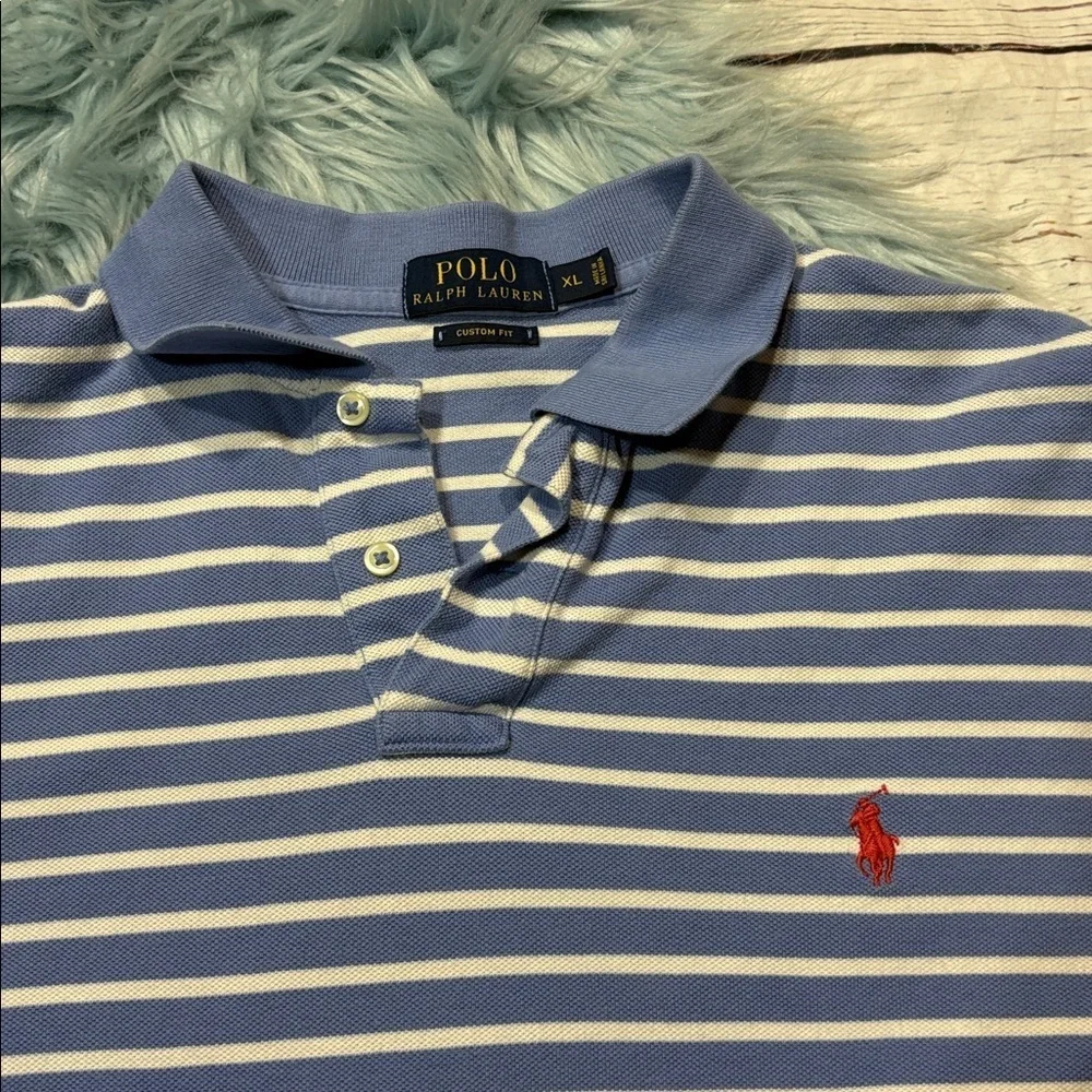 RALPH LAUREN Custom Fit Blue White Striped Red Logo Polo Shirt Top